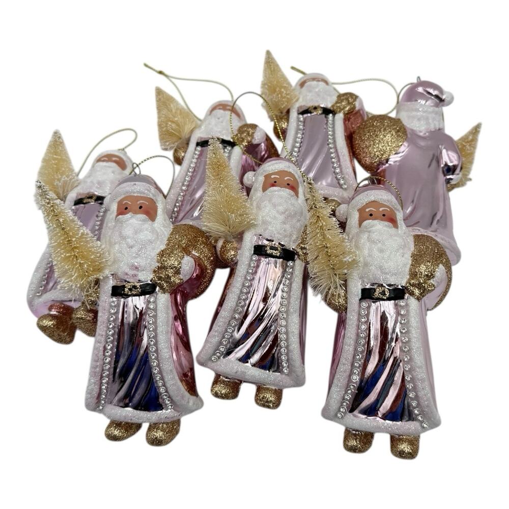 Purple Pink Gold Glitter Santa Ornaments Shatterproof Lot of‎ 7 NWOT 6"